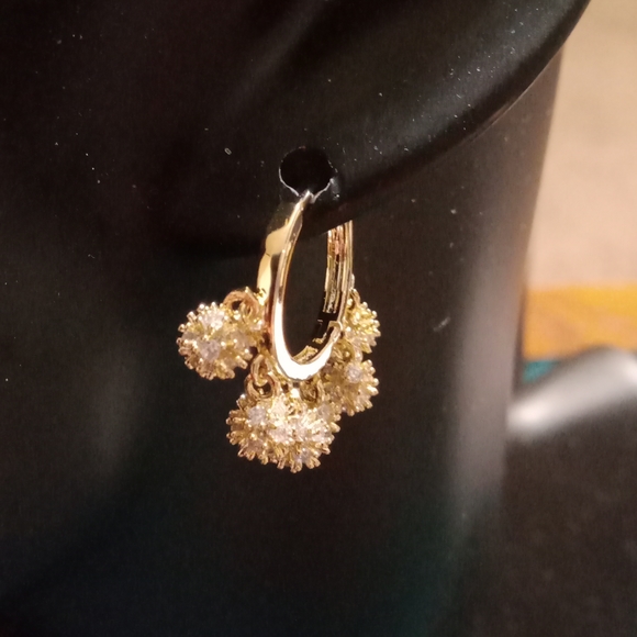 14 k Yellow Gold Plated Cubic Zirconia Ball Tassel Hoop Earrings - Picture 2 of 3